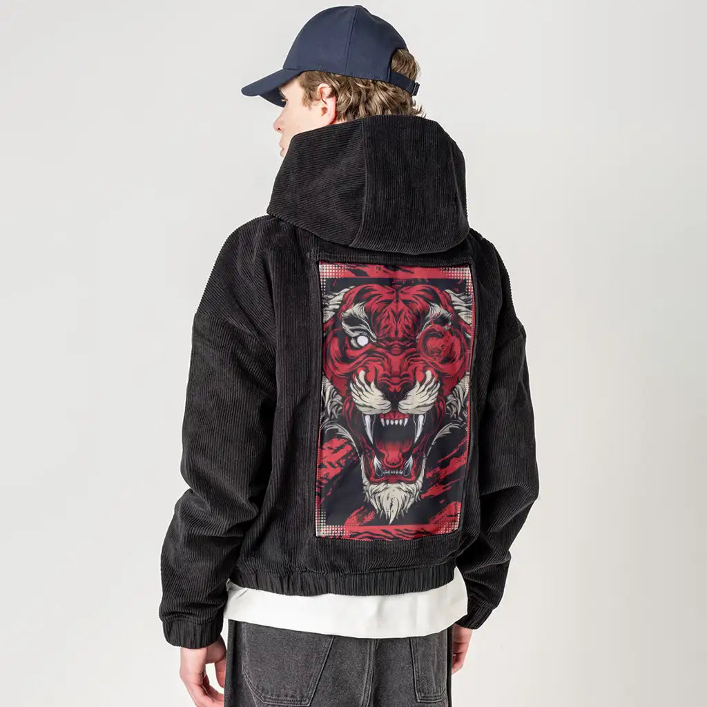 vermillionbeast patch on male retro cord hoodie in onyx