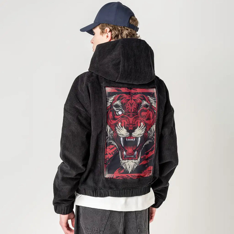 vermillionbeast patch on male retro cord hoodie in onyx
