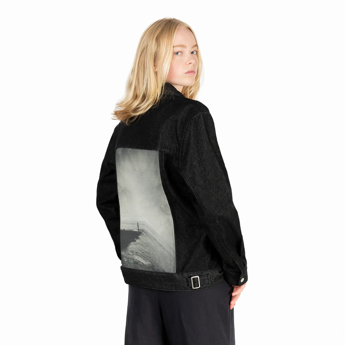 vertigocean patch on female og denim jacket in raven