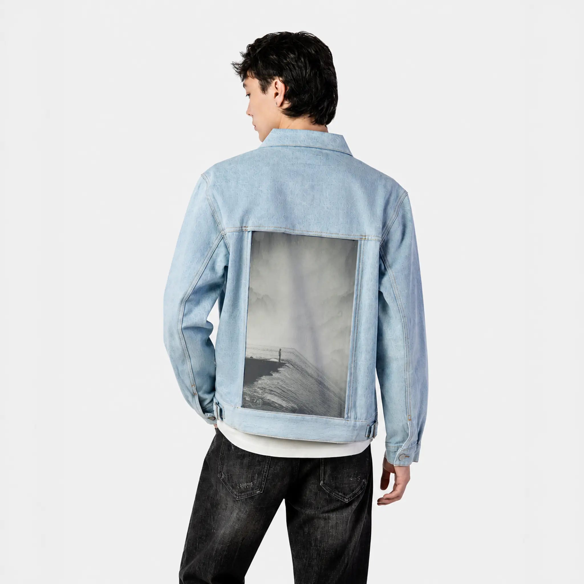 vertigocean patch on male og denim jacket in oceanside