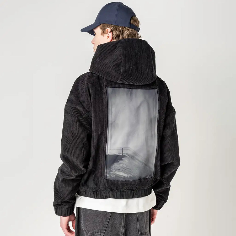 vertigocean patch on male retro cord hoodie in onyx