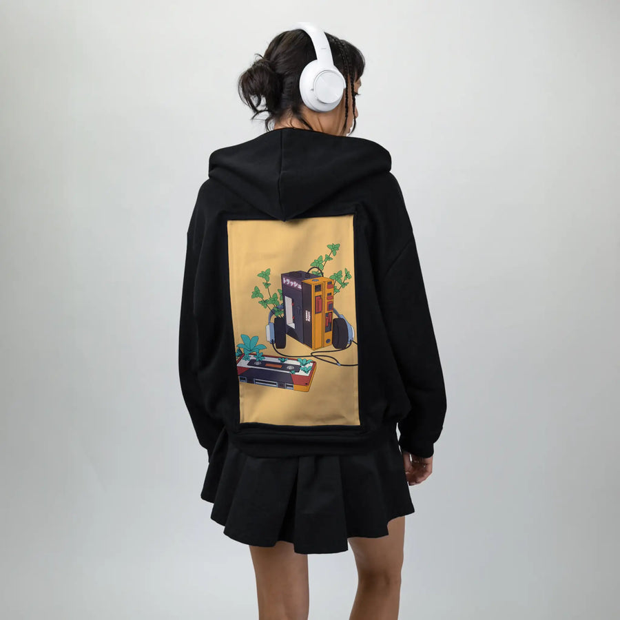 vintagecassette patch on female essential zip hoodie in after hours