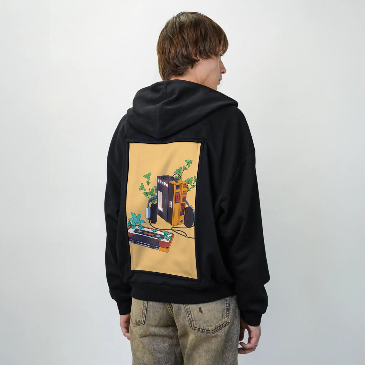 vintagecassette patch on male essential zip hoodie in after hours