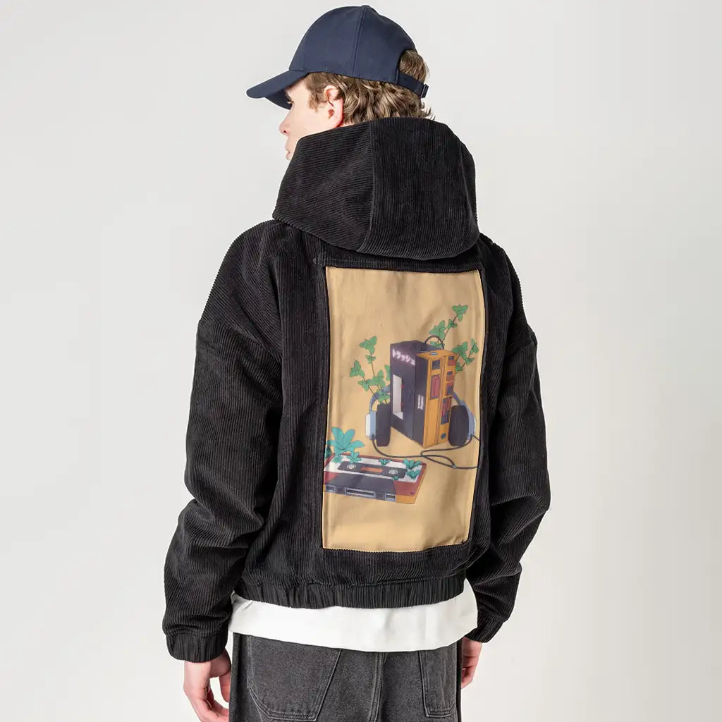 vintagecassette patch on male retro cord hoodie in onyx
