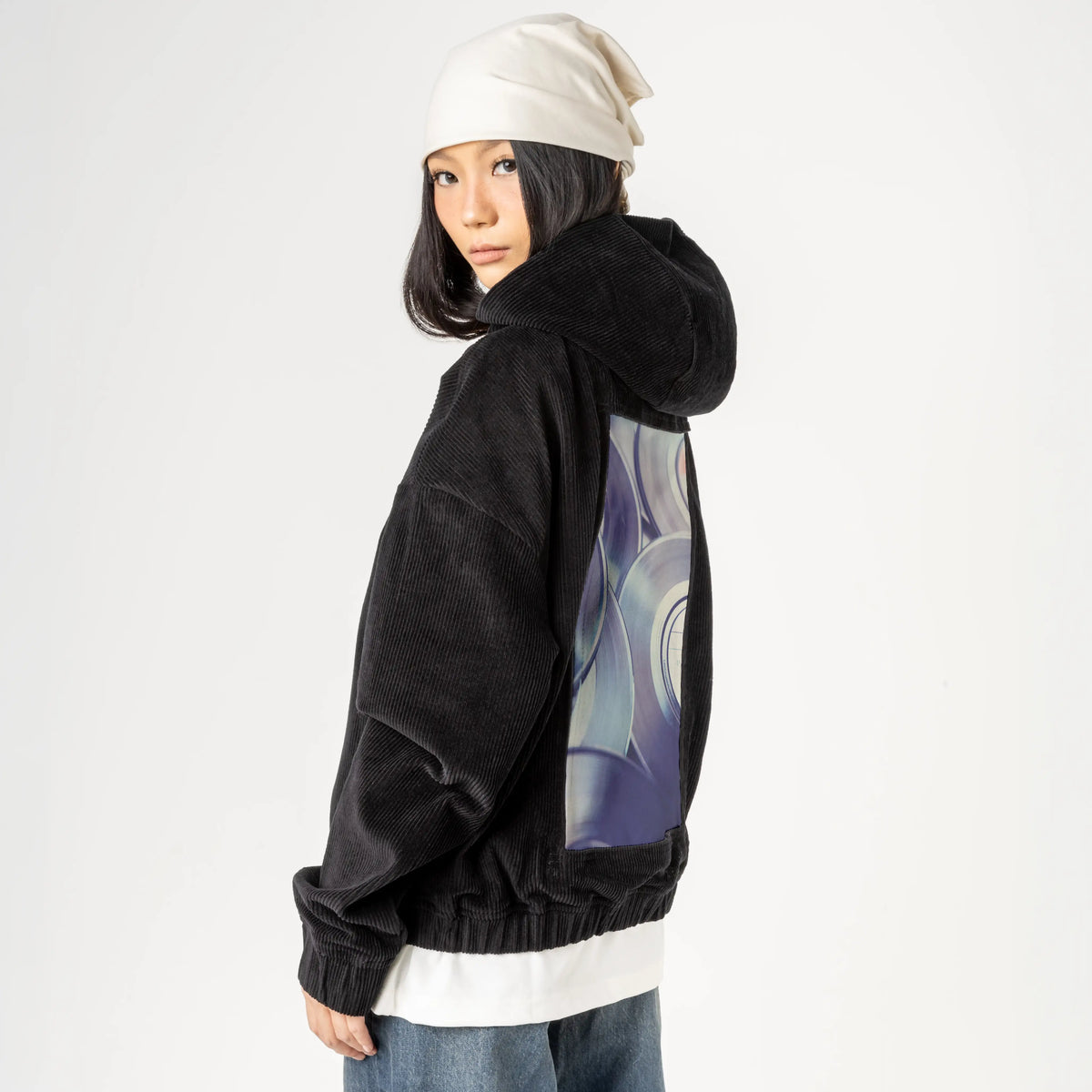 vinylsingles patch on female retro cord hoodie in onyx