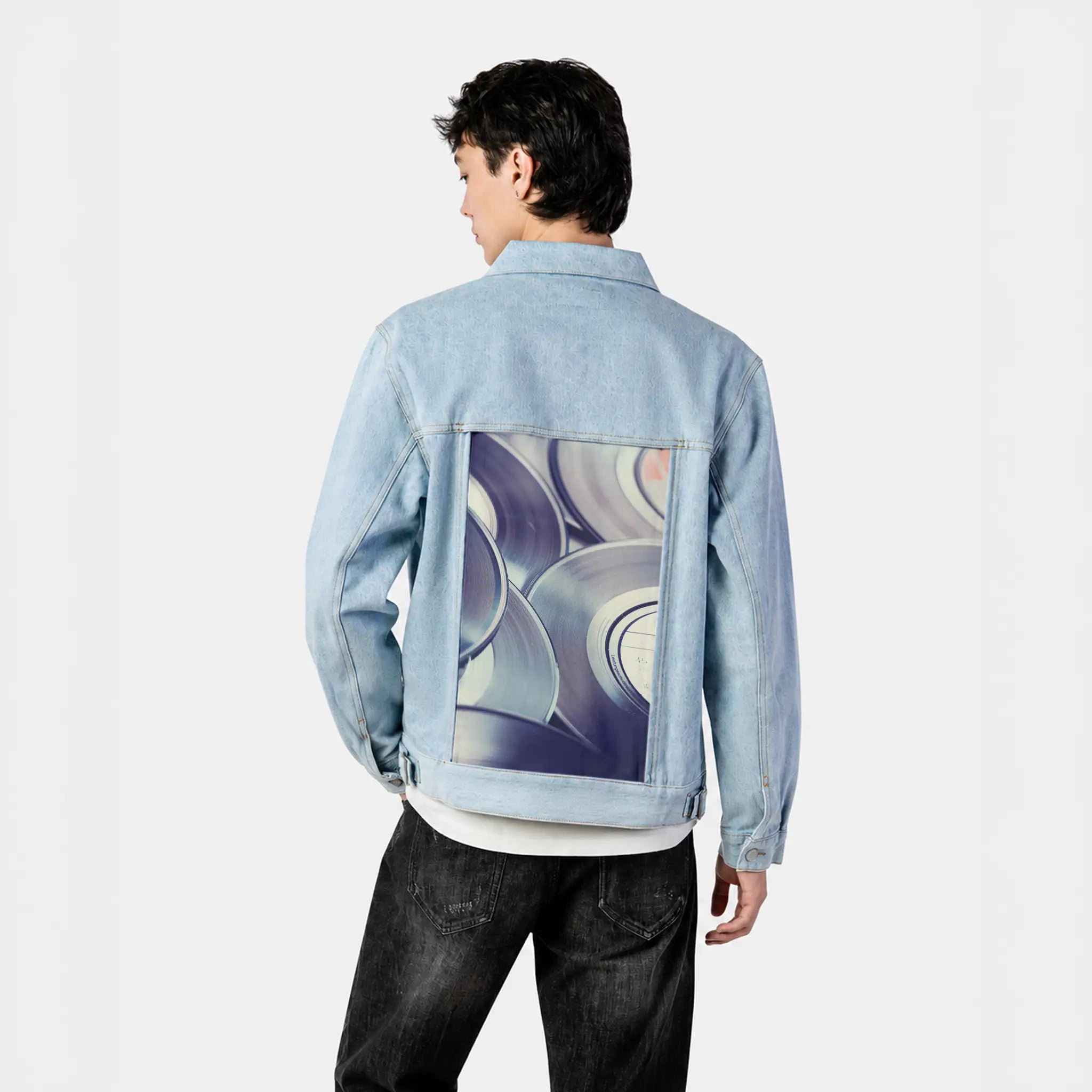 vinylsingles patch on male og denim jacket in oceanside