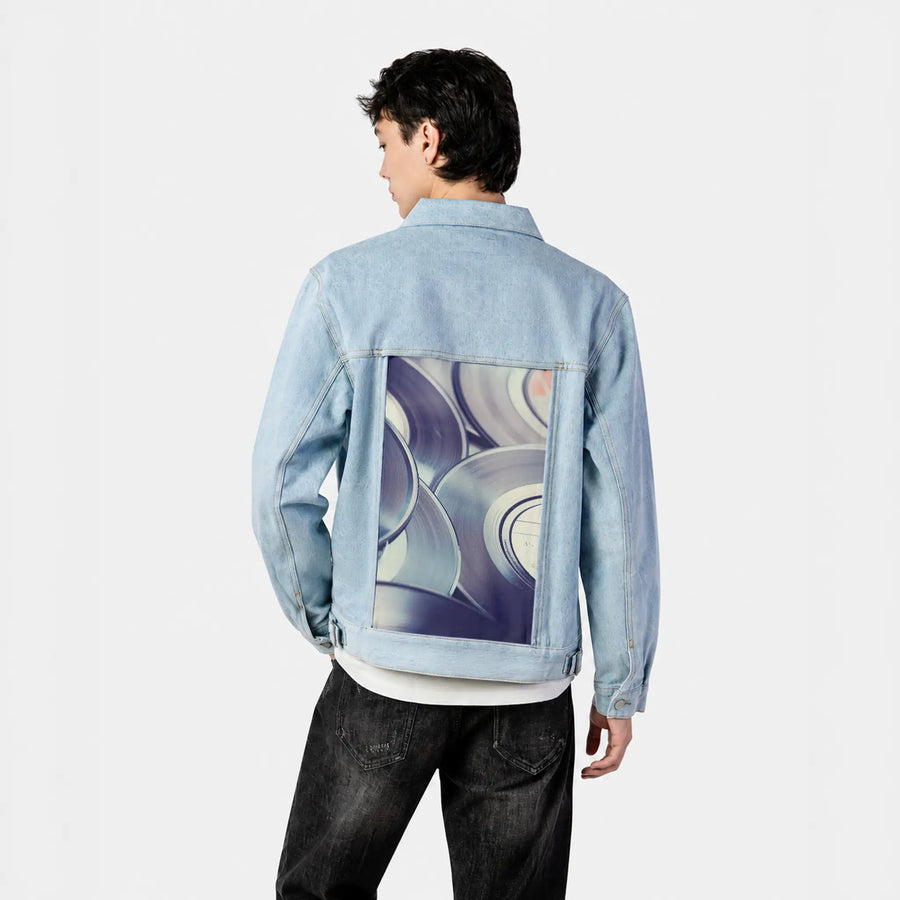 vinylsingles patch on male og denim jacket in oceanside