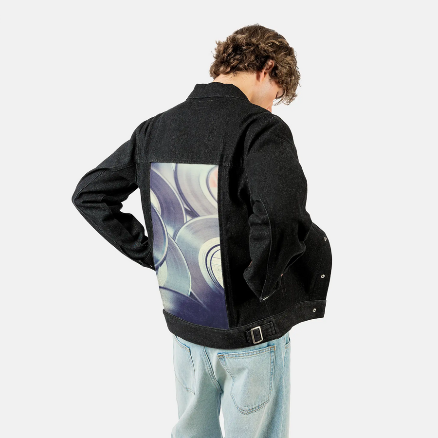 vinylsingles patch on male og denim jacket in raven