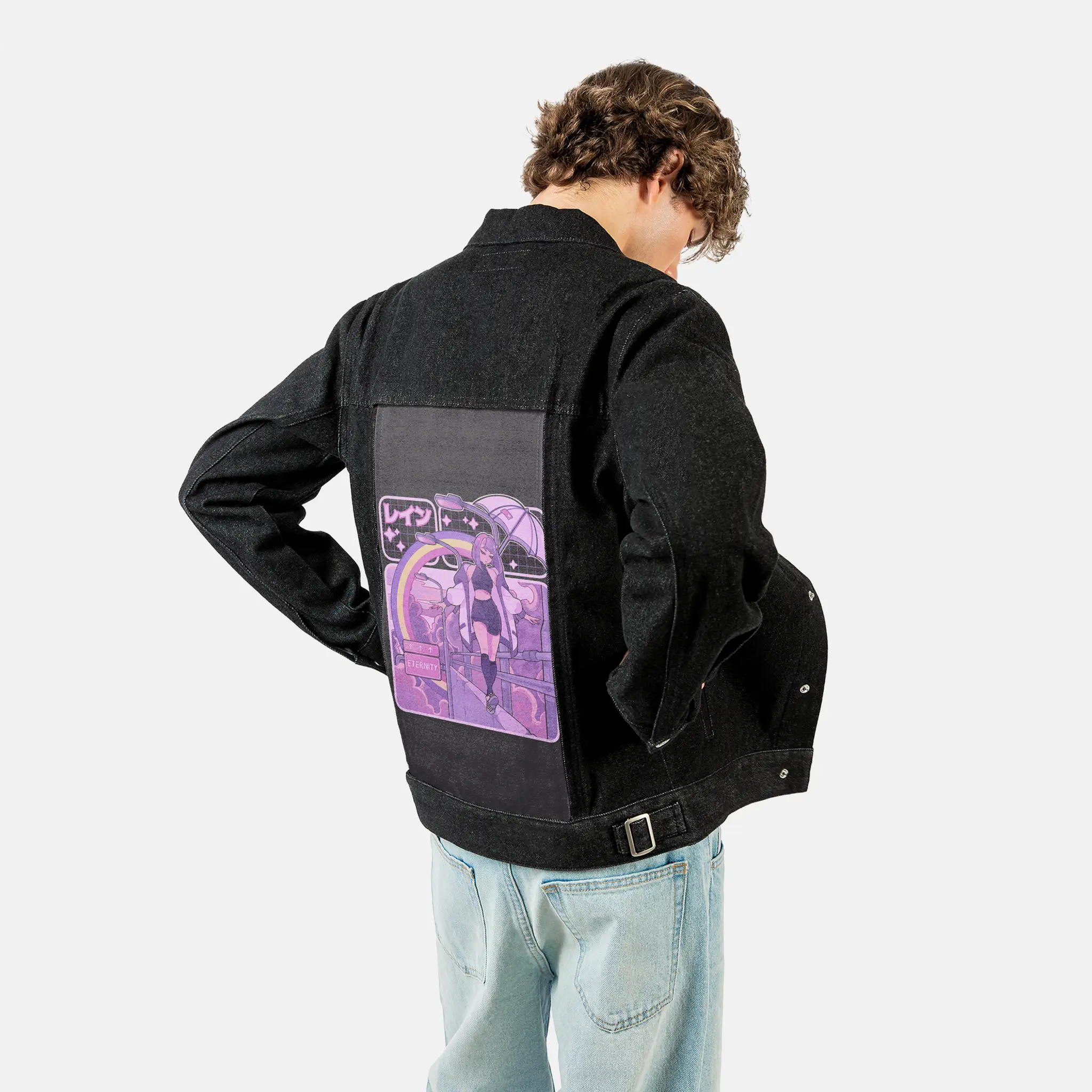 violeteternity patch on male og denim jacket in raven