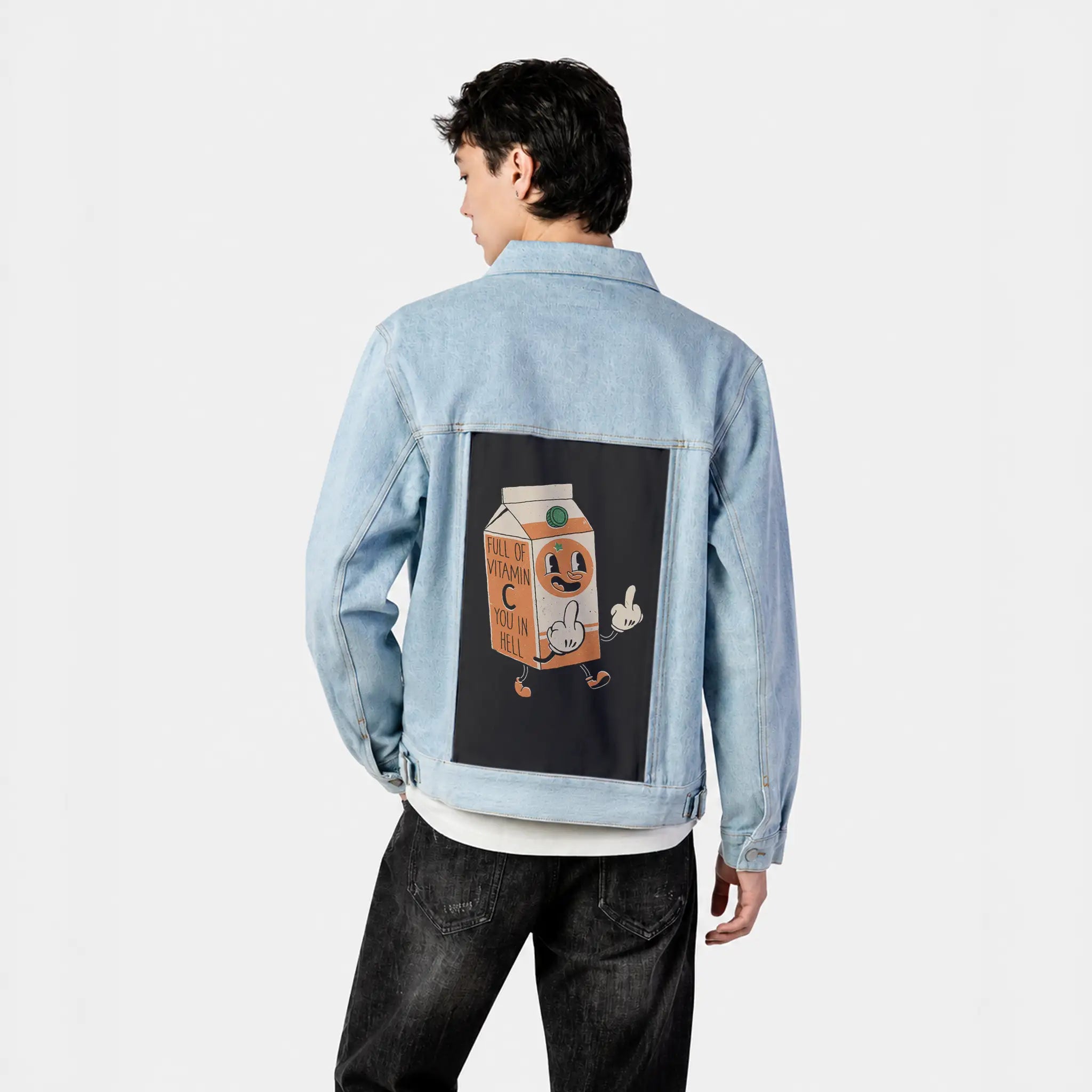 vitamincyouinhell patch on male og denim jacket in oceanside