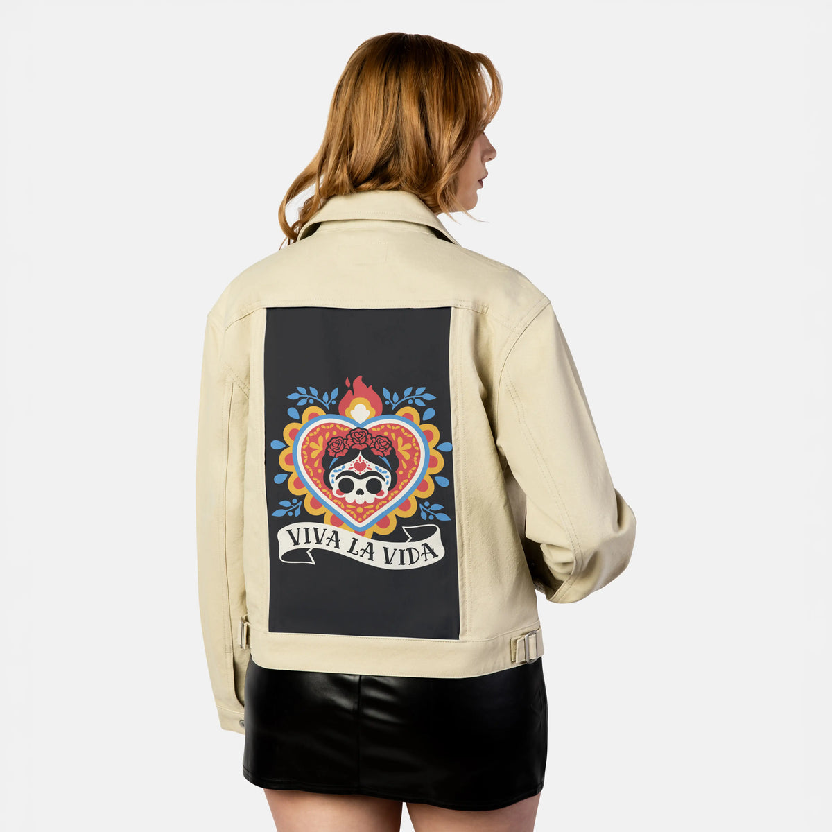vivalavida patch on female atelier canvas jacket in tan