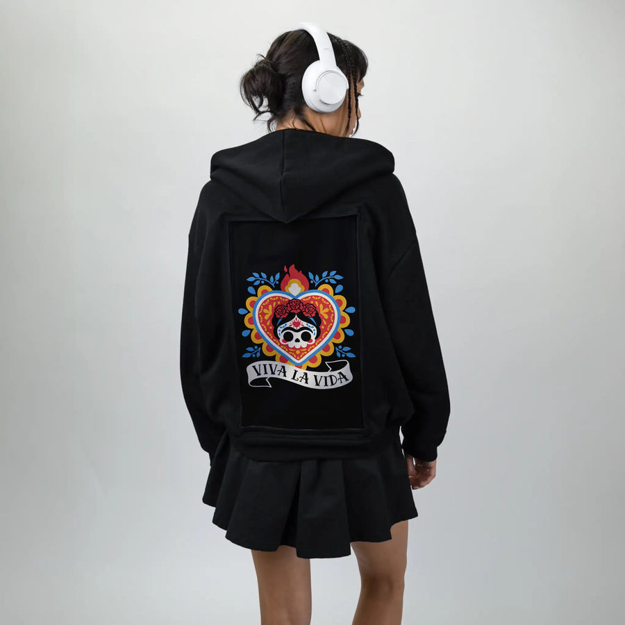 vivalavida patch on female essential zip hoodie in after hours