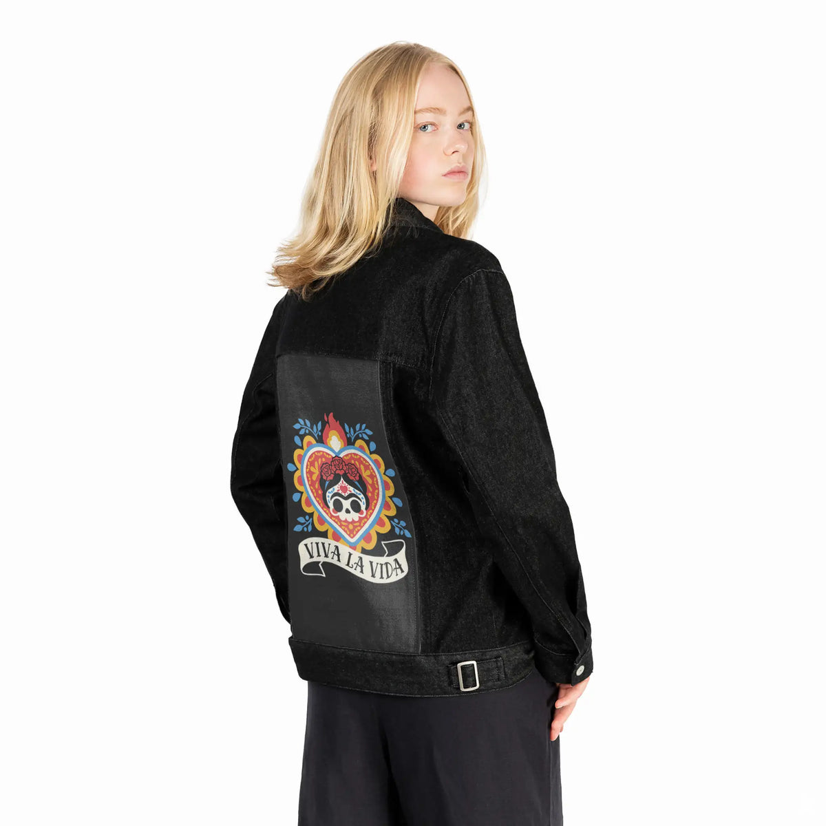 vivalavida patch on female og denim jacket in raven