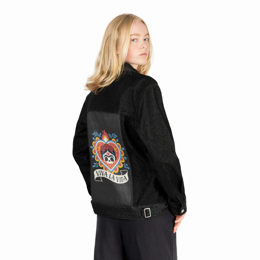 vivalavida patch on female og denim jacket in raven