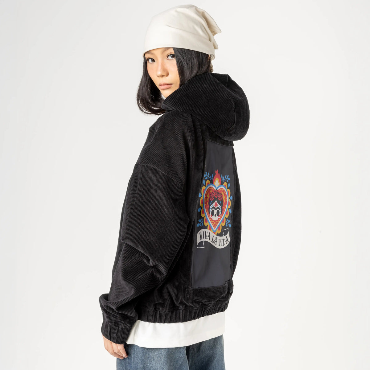 vivalavida patch on female retro cord hoodie in onyx