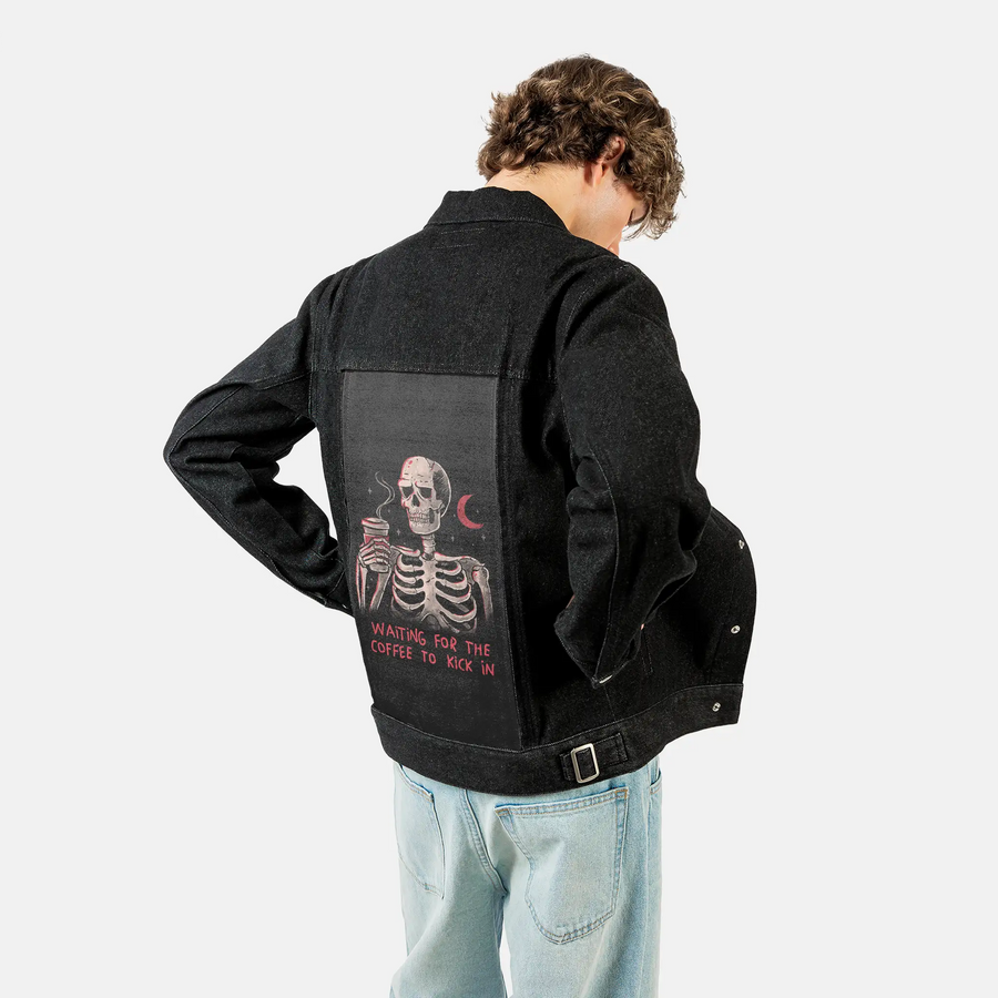 waitingforthecoffee patch on male og denim jacket in raven