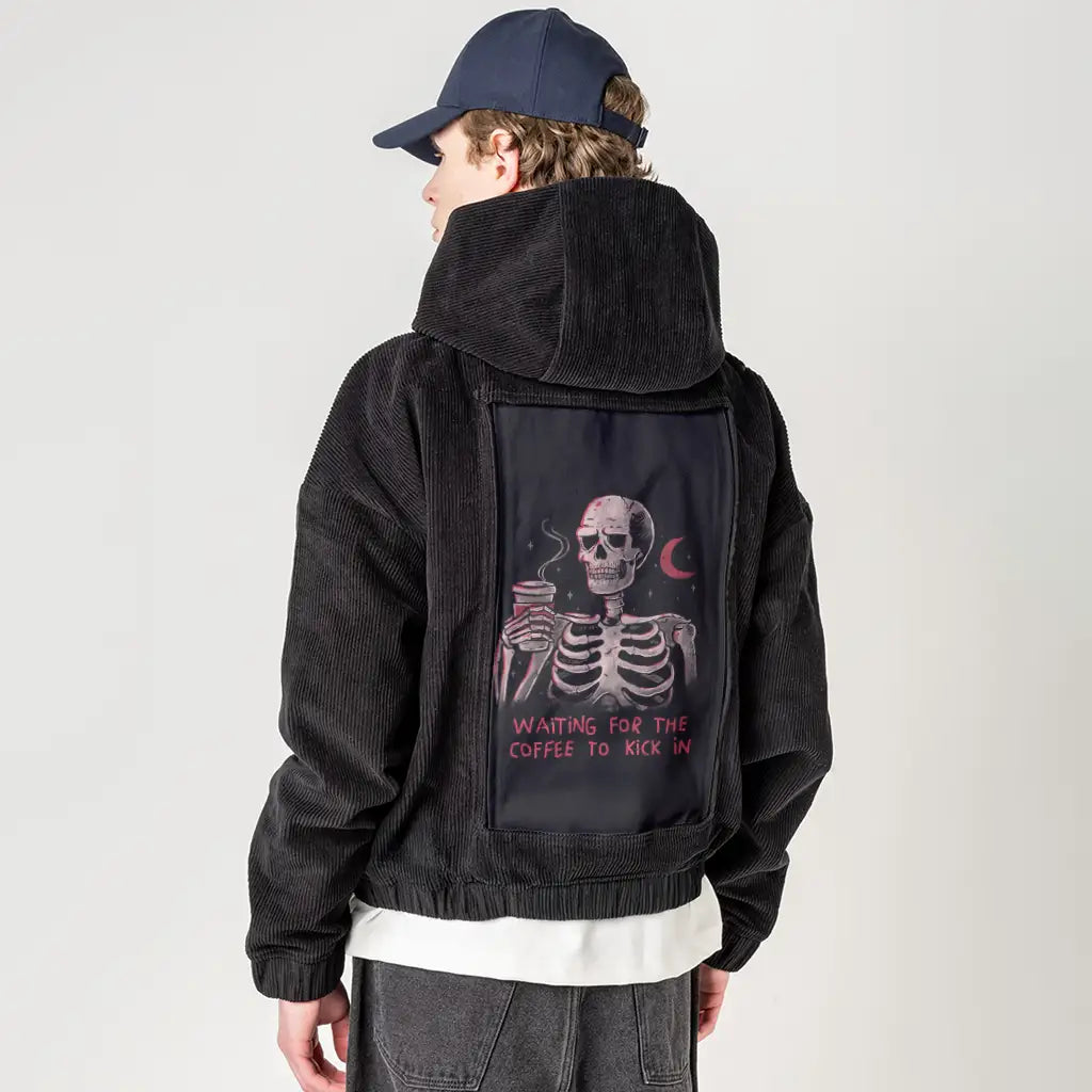 waitingforthecoffee patch on male retro cord hoodie in onyx