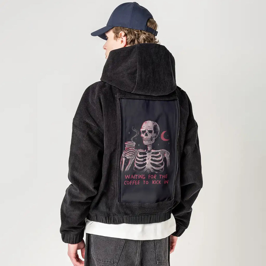 waitingforthecoffee patch on male retro cord hoodie in onyx