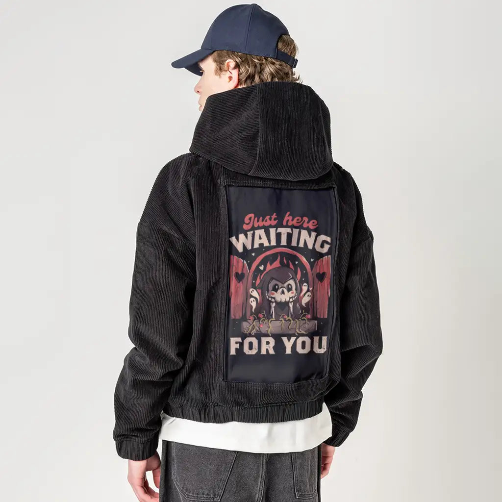 waitingforyou patch on male retro cord hoodie in onyx