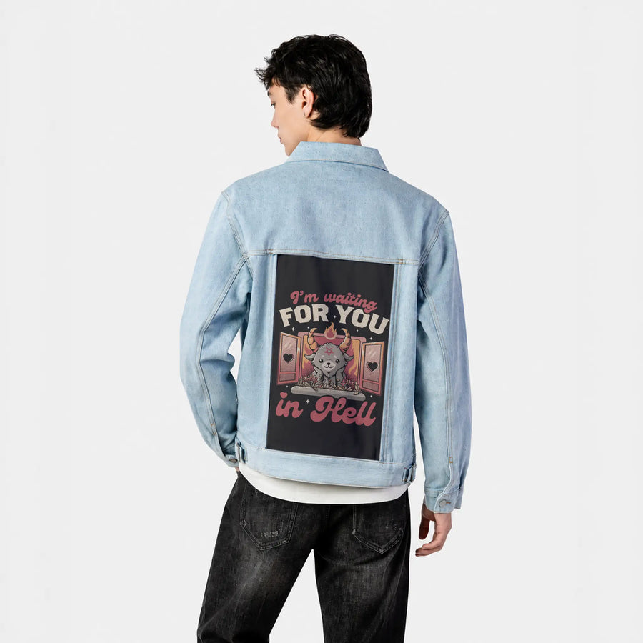 waitinginhell patch on male og denim jacket in oceanside
