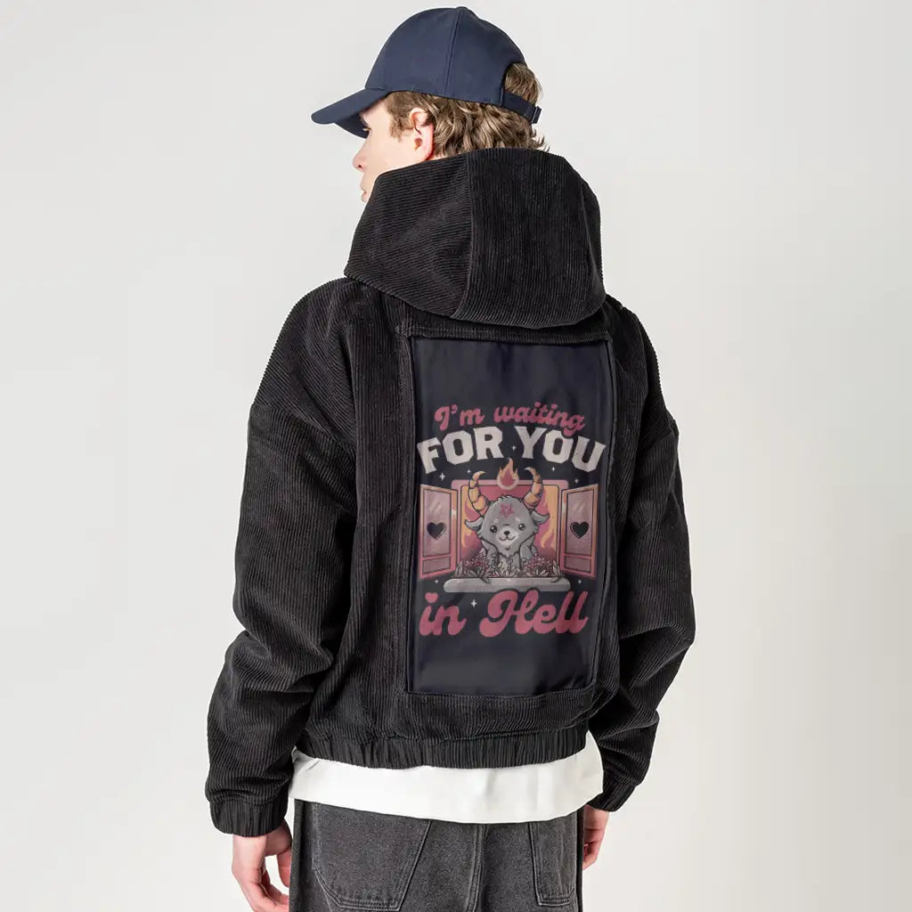 waitinginhell patch on male retro cord hoodie in onyx