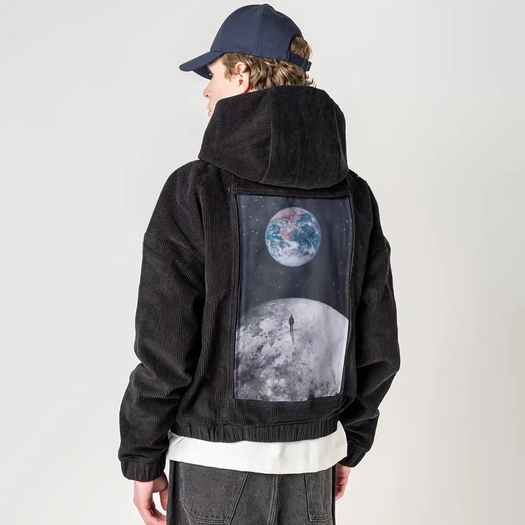 walkingon patch on male retro cord hoodie in onyx