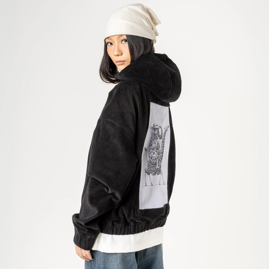 walkingtall patch on female retro cord hoodie in onyx