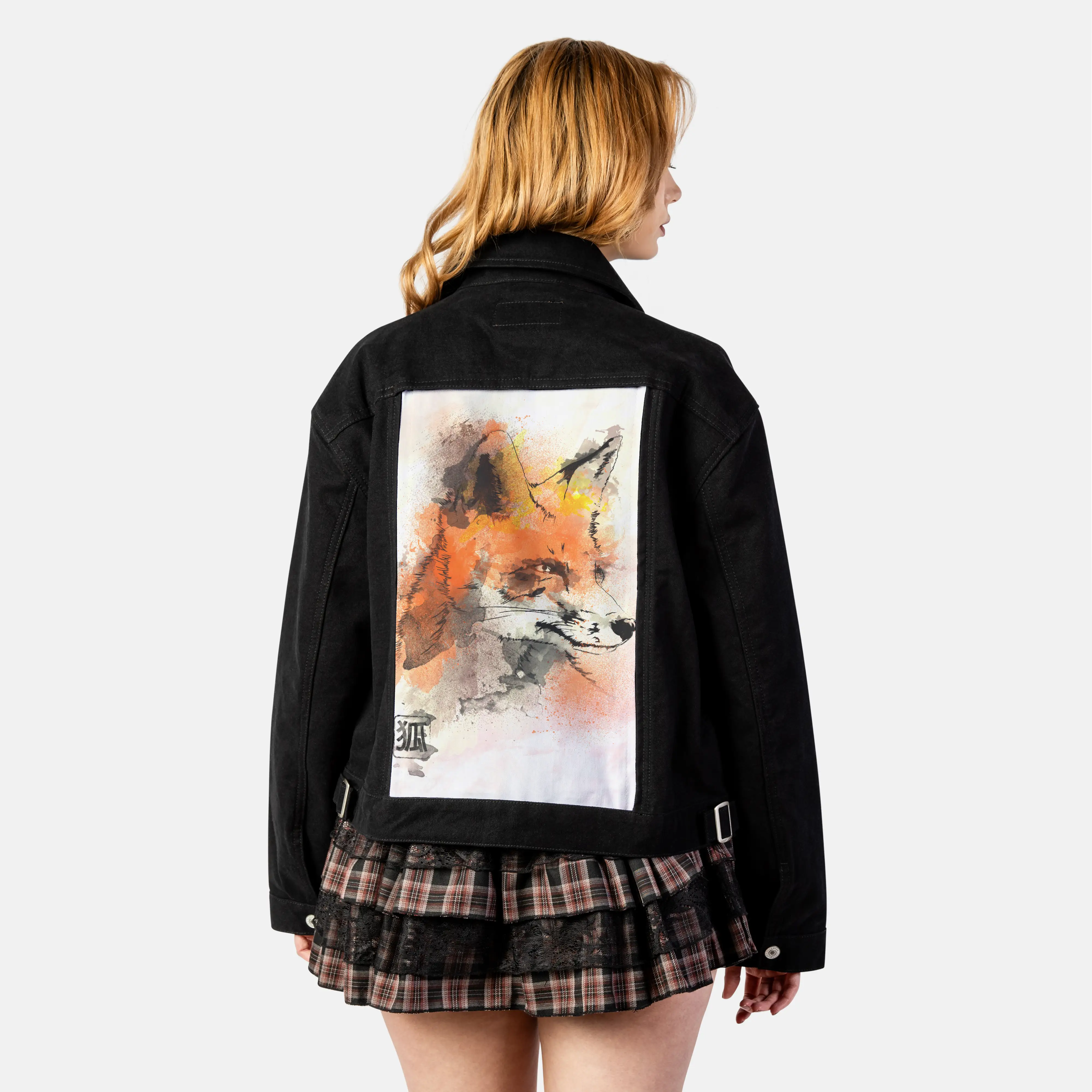 watercolorfox patch on female atelier canvas jacket in nightfall
