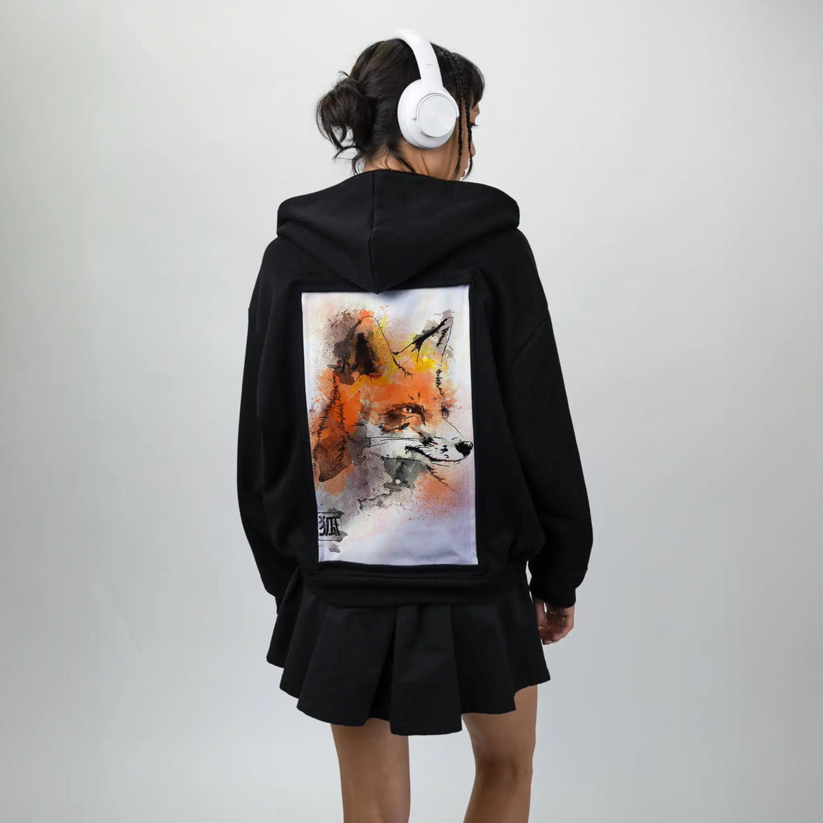 watercolorfox patch on female essential zip hoodie in after hours