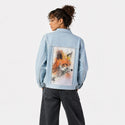 watercolorfox patch on female og denim jacket in oceanside