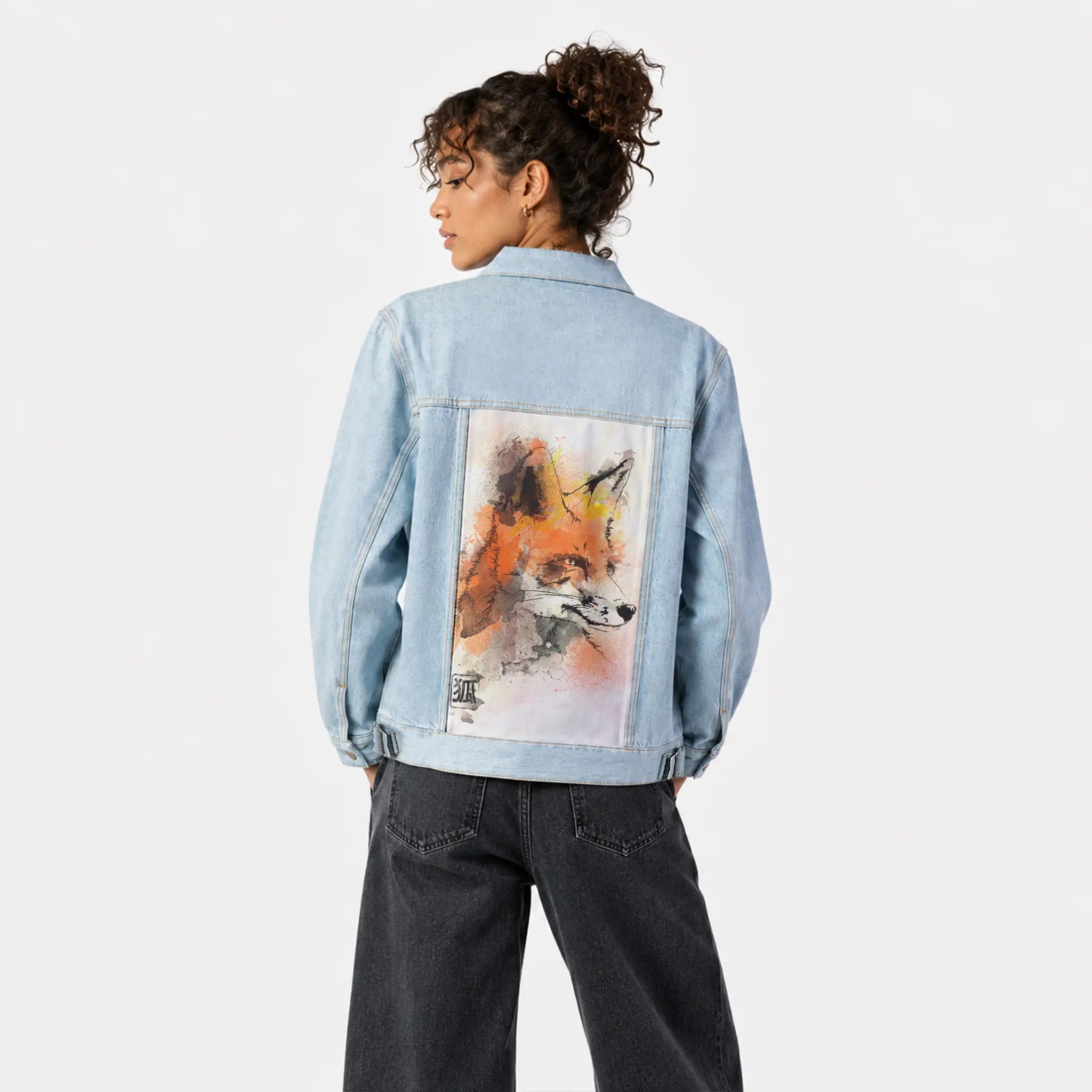 watercolorfox patch on female og denim jacket in oceanside