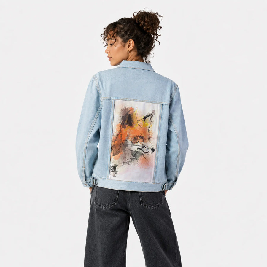 watercolorfox patch on female og denim jacket in oceanside