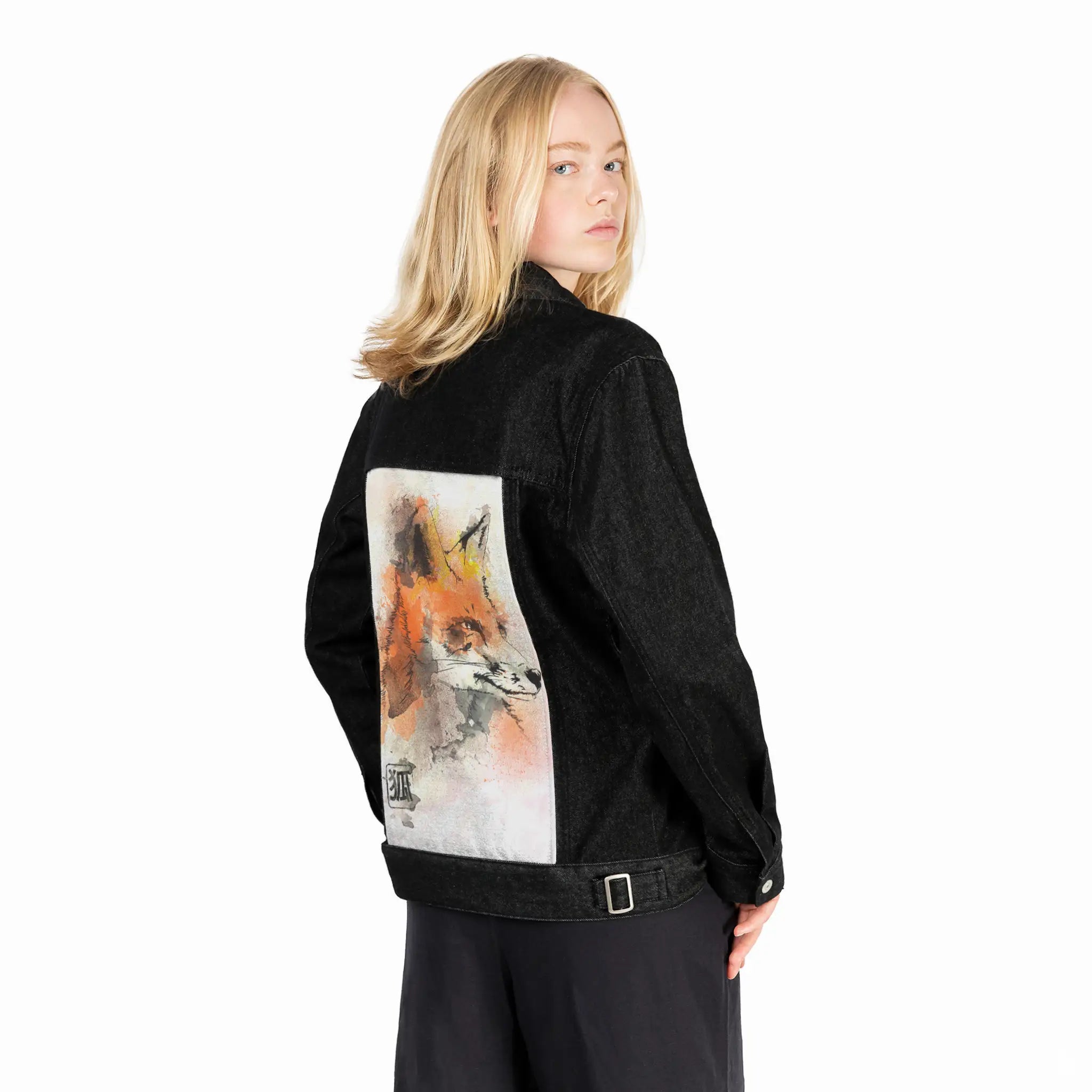 watercolorfox patch on female og denim jacket in raven