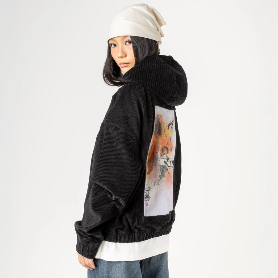 watercolorfox patch on female retro cord hoodie in onyx