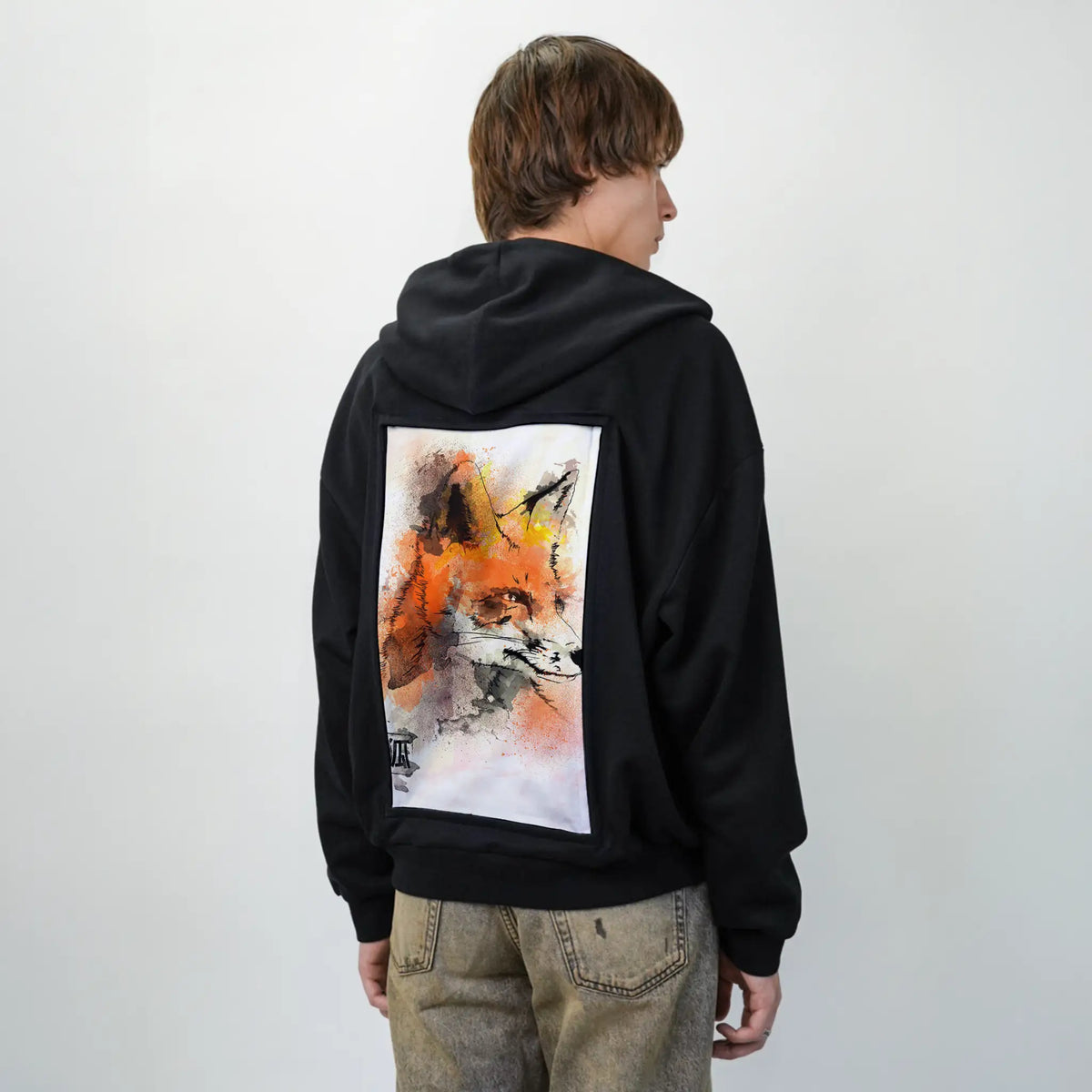 watercolorfox patch on male essential zip hoodie in after hours