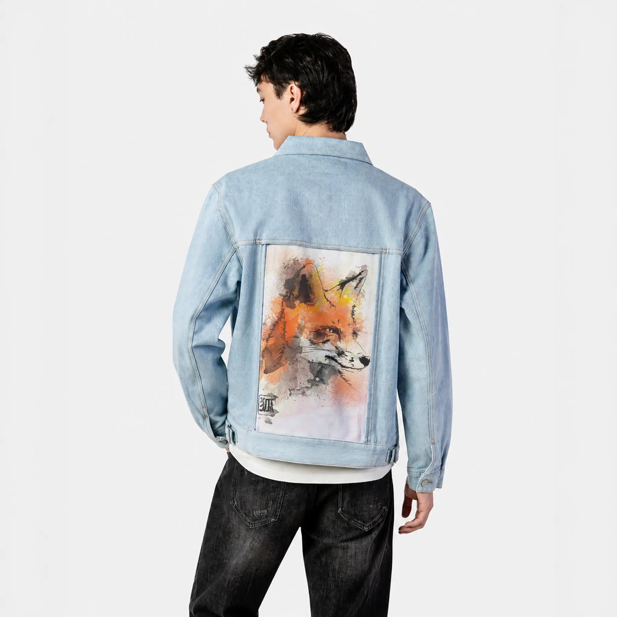 watercolorfox patch on male og denim jacket in oceanside