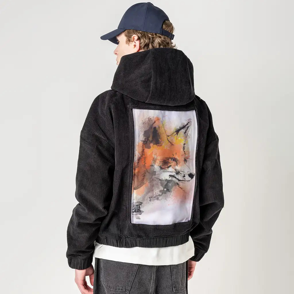 watercolorfox patch on male retro cord hoodie in onyx