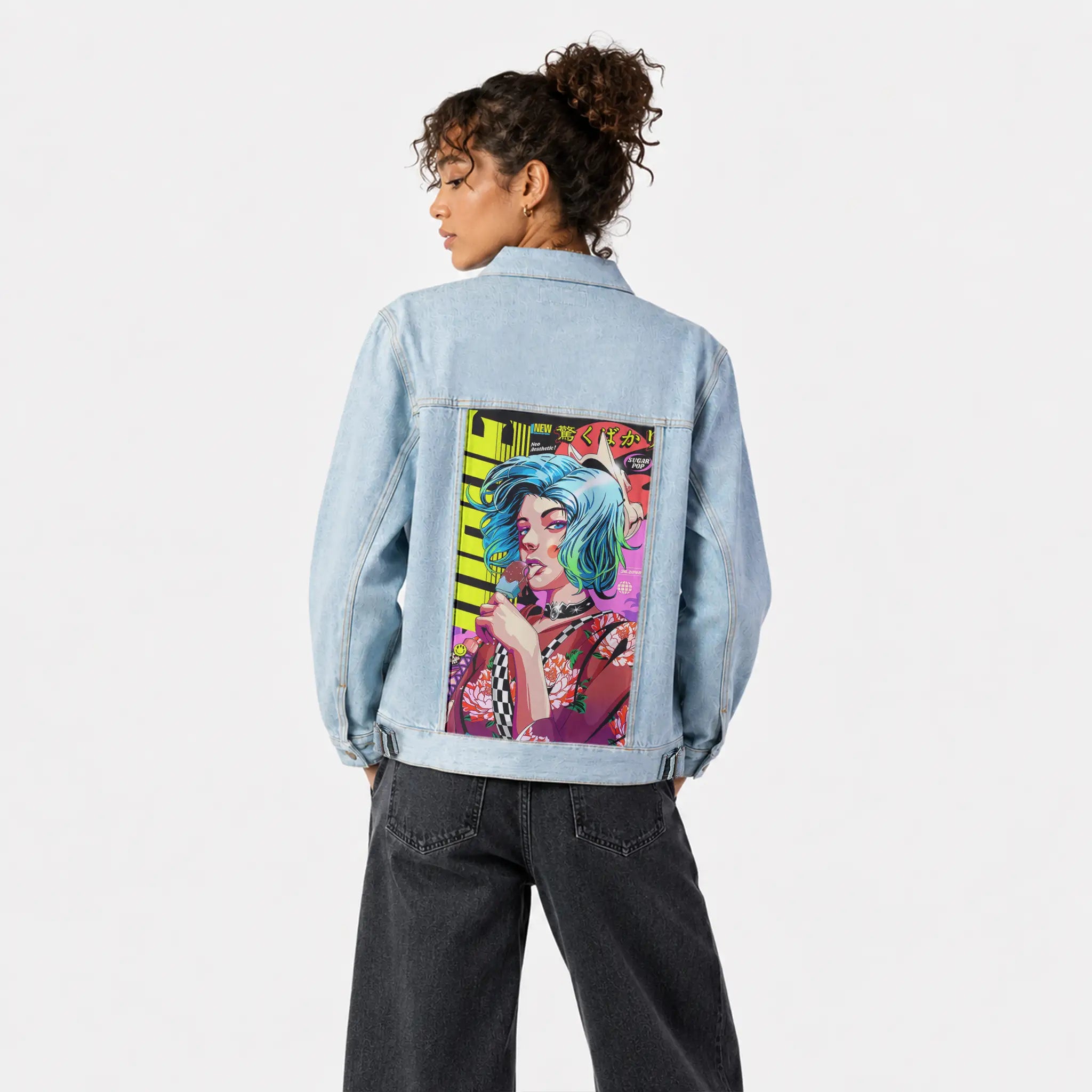 wavegeisha patch on female og denim jacket in oceanside