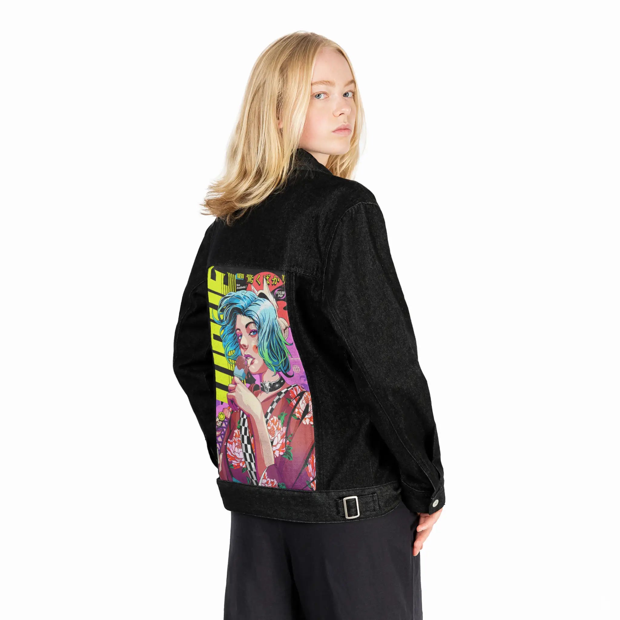wavegeisha patch on female og denim jacket in raven