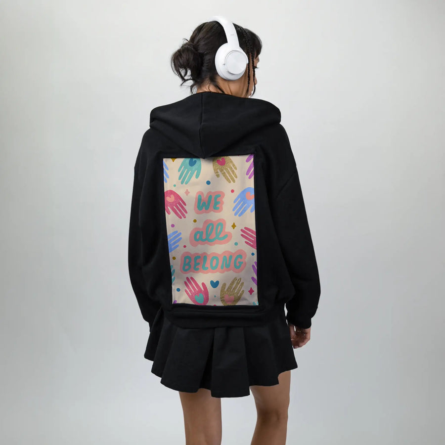 weallbelong patch on female essential zip hoodie in after hours