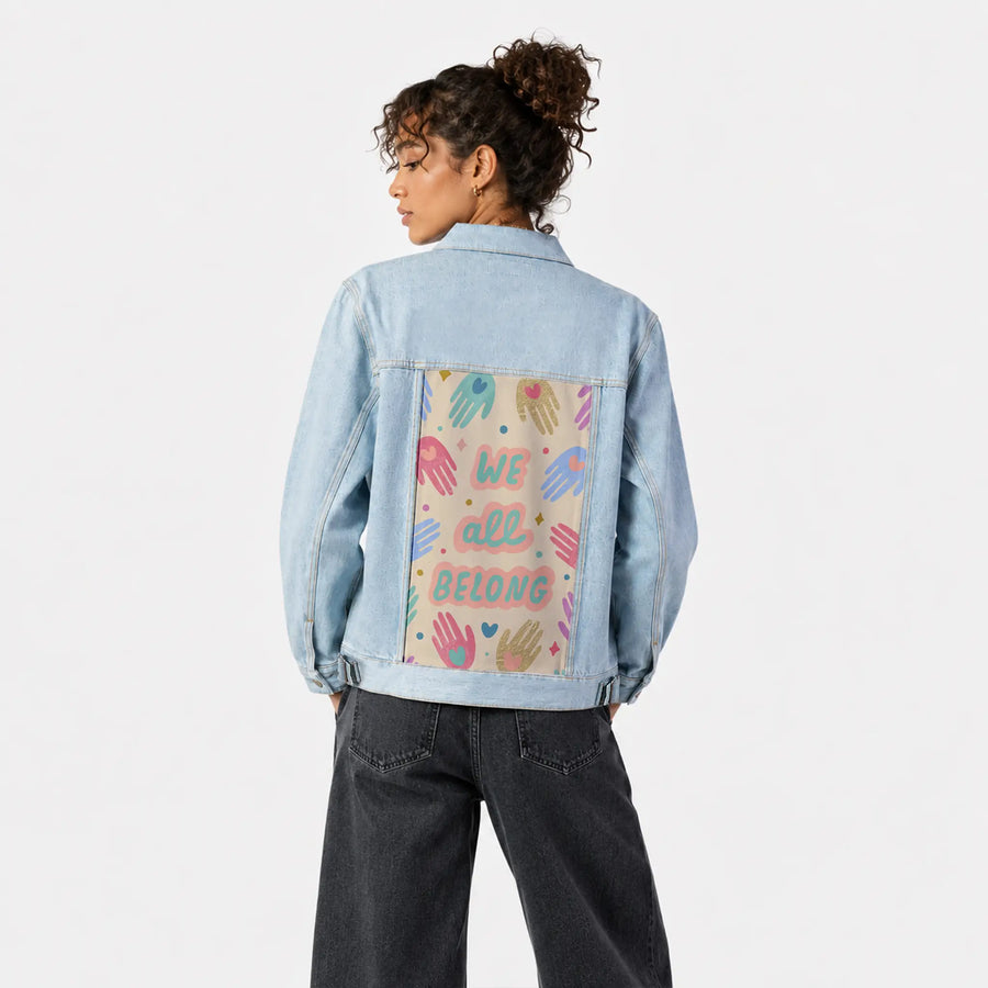 weallbelong patch on female og denim jacket in oceanside