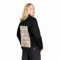 weallbelong patch on female og denim jacket in raven