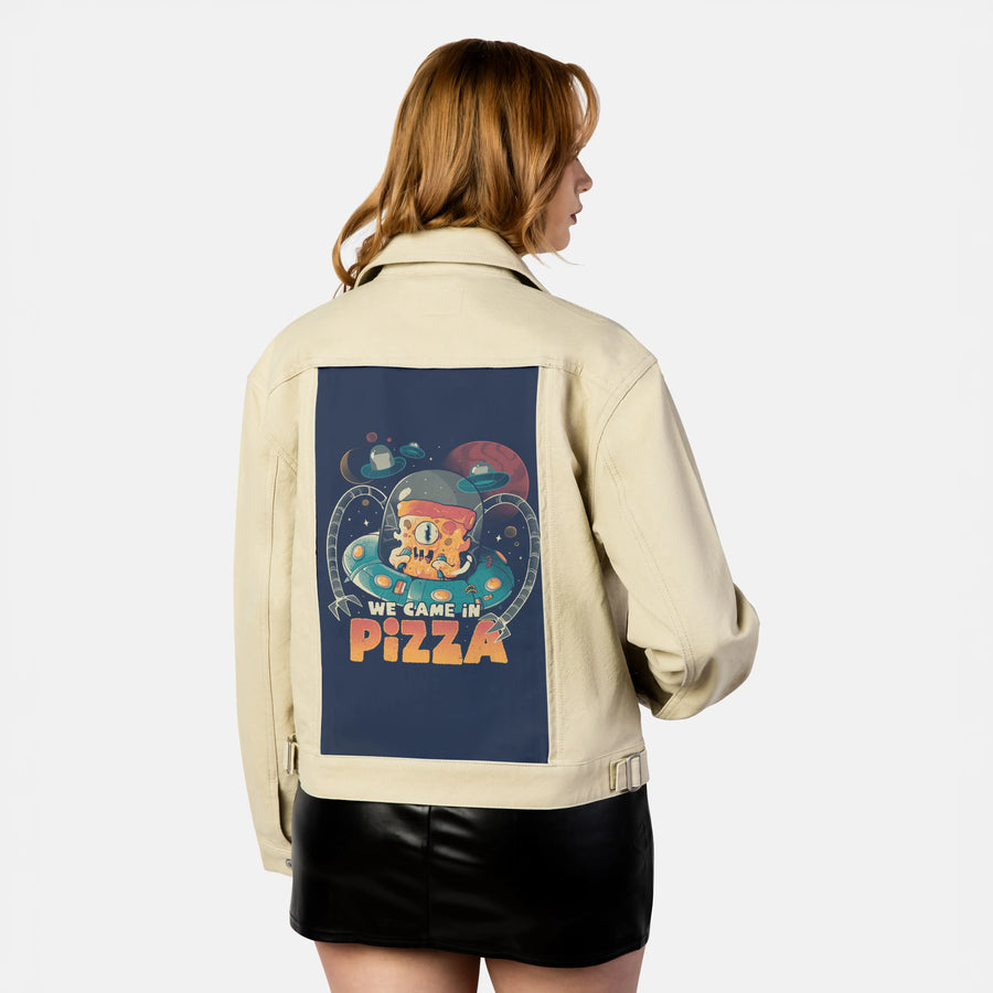 wecameinpizza patch on female atelier canvas jacket in tan