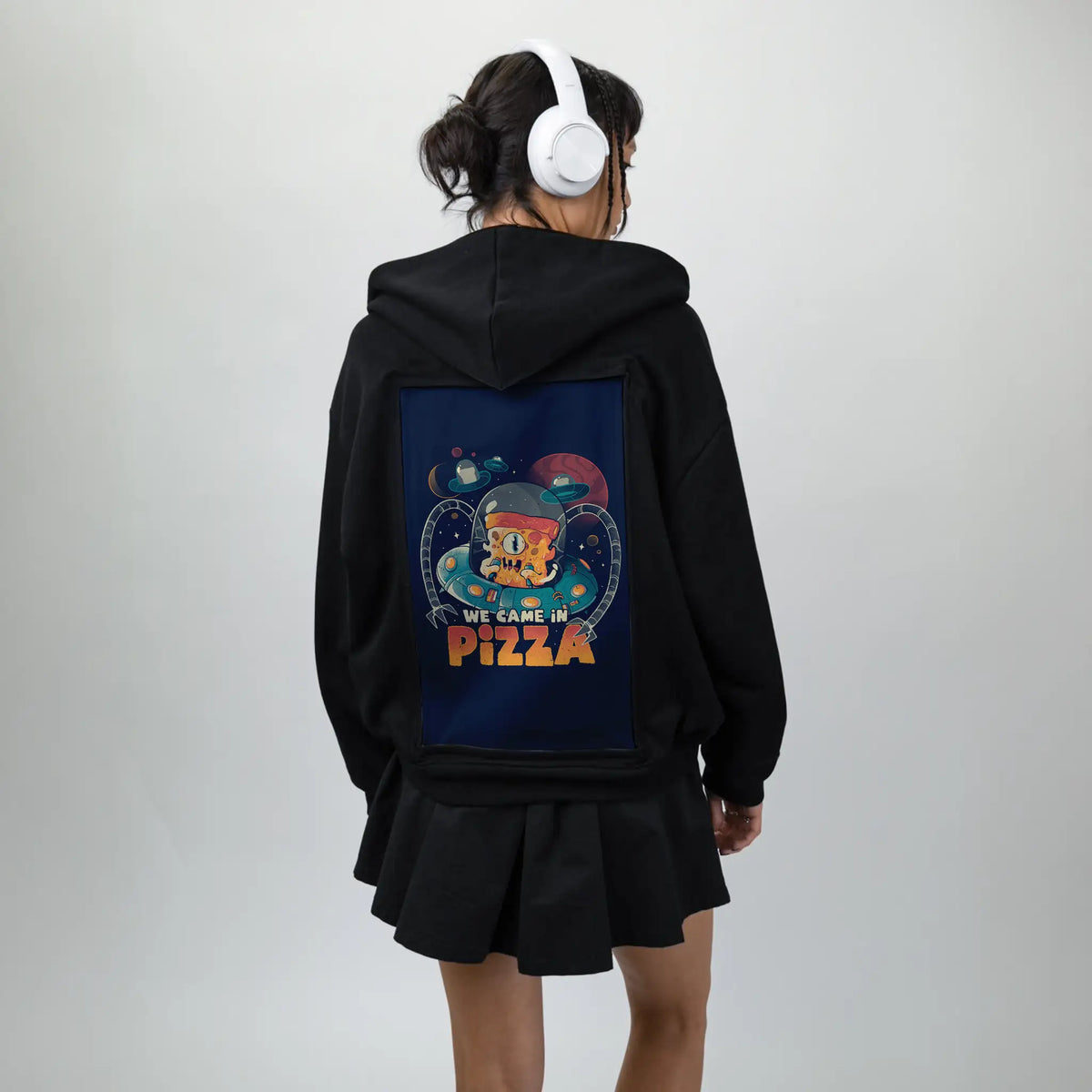 wecameinpizza patch on female essential zip hoodie in after hours