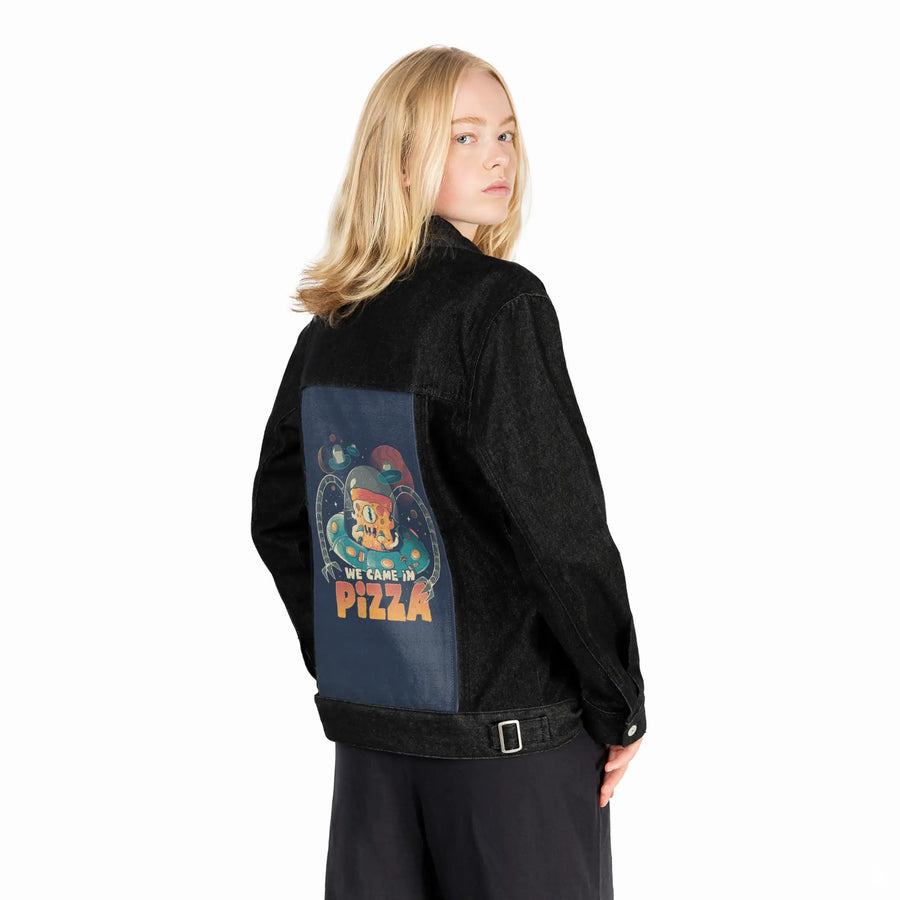 wecameinpizza patch on female og denim jacket in raven