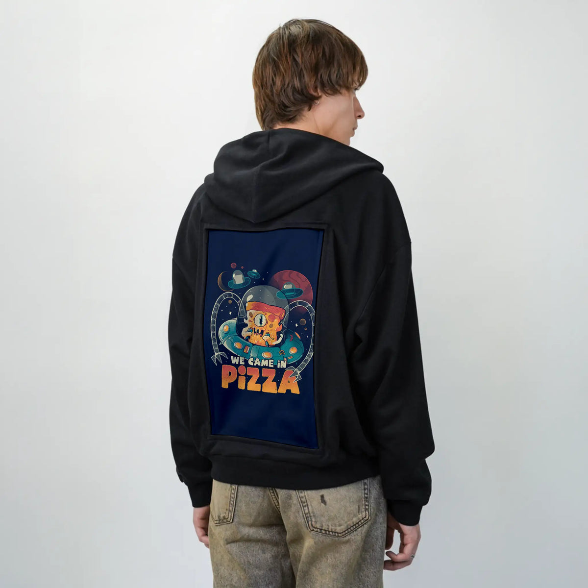 wecameinpizza patch on male essential zip hoodie in after hours