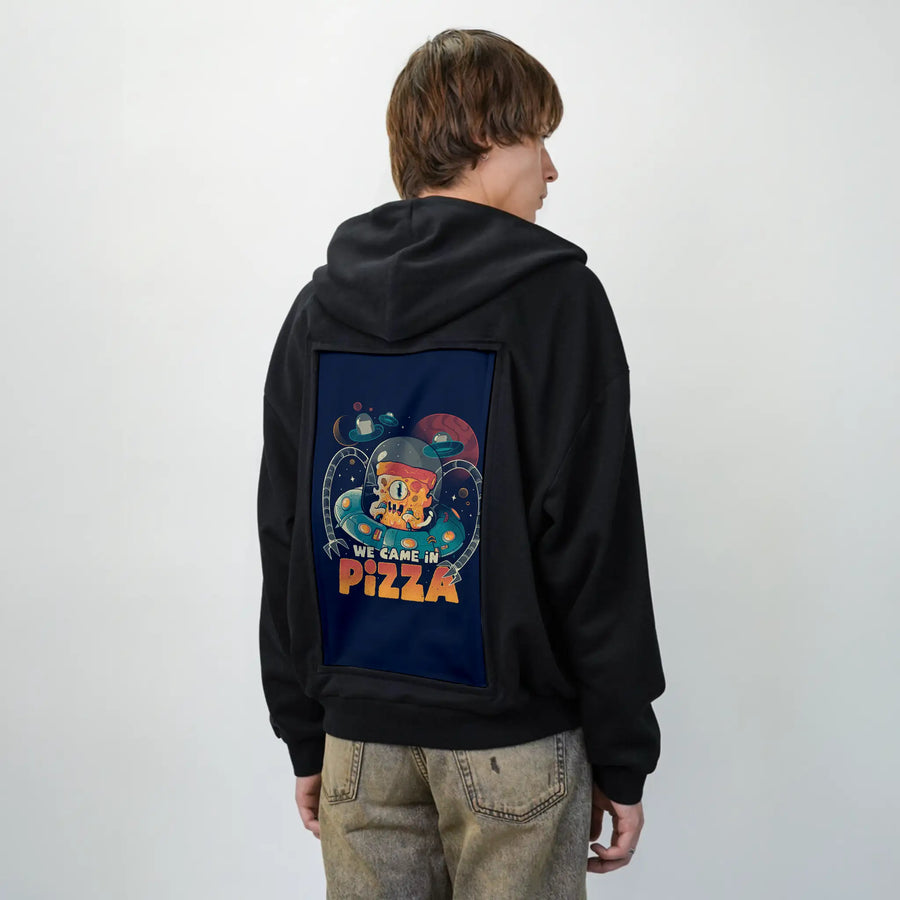 wecameinpizza patch on male essential zip hoodie in after hours