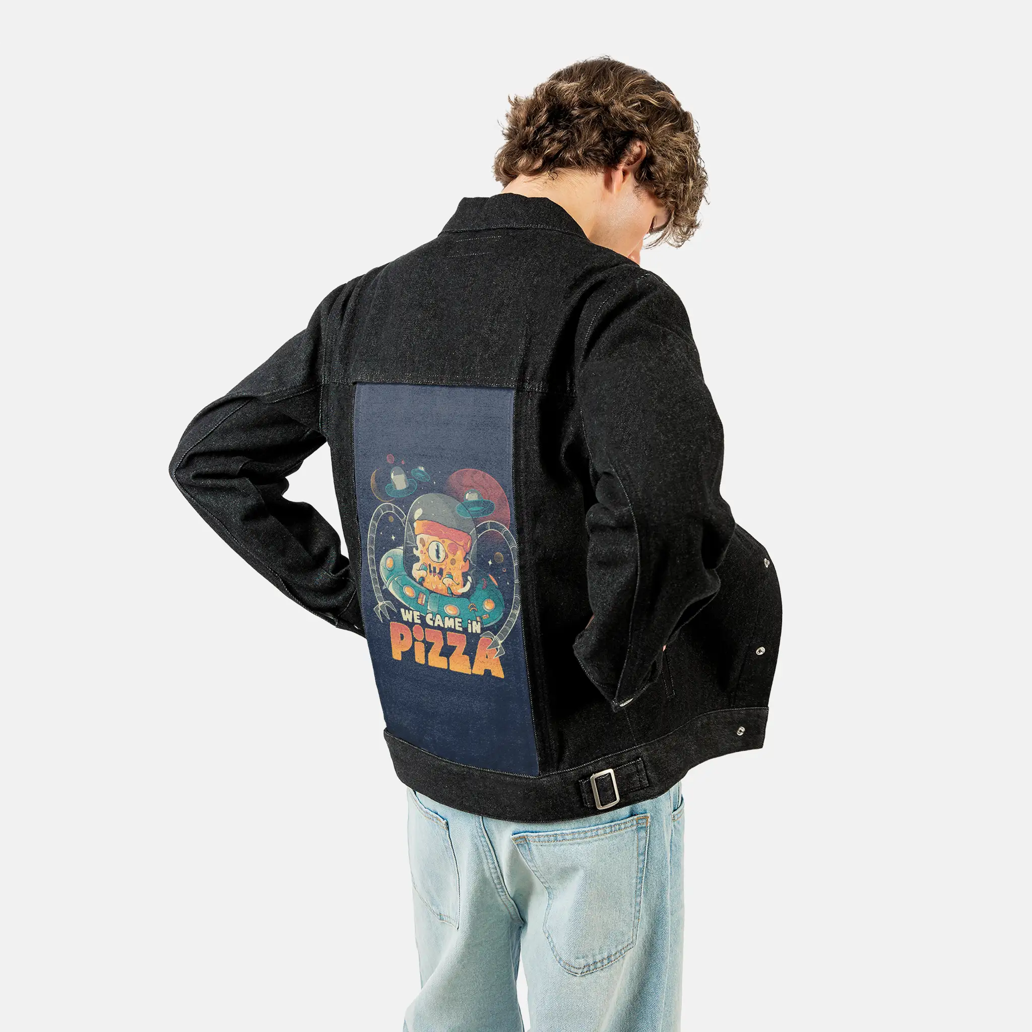 wecameinpizza patch on male og denim jacket in raven