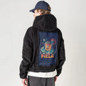 wecameinpizza patch on male retro cord hoodie in onyx