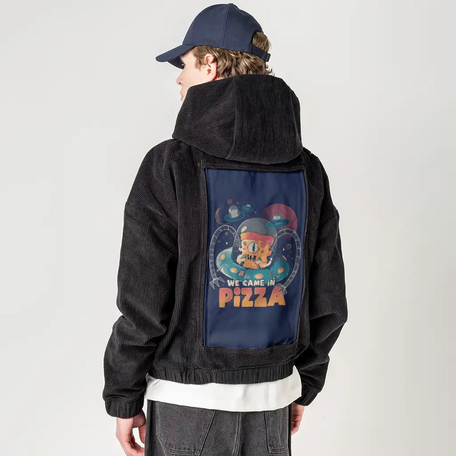 wecameinpizza patch on male retro cord hoodie in onyx